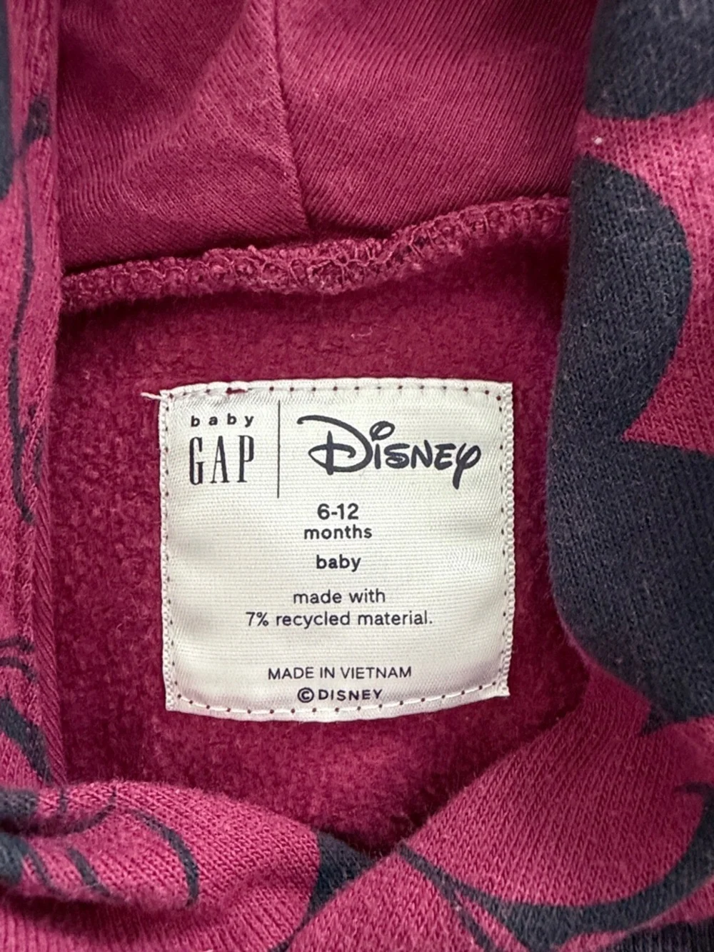 GAP Maroon Hooded Sweatshirt with Navy Mickey Print and Ear Hood baby 6 months